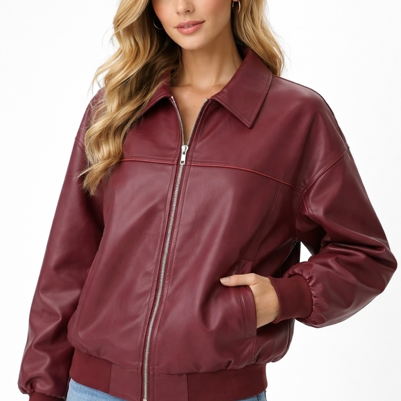 Princess Polly Jackets & Blazers - Princess Polly Burgundy Leather Jacket